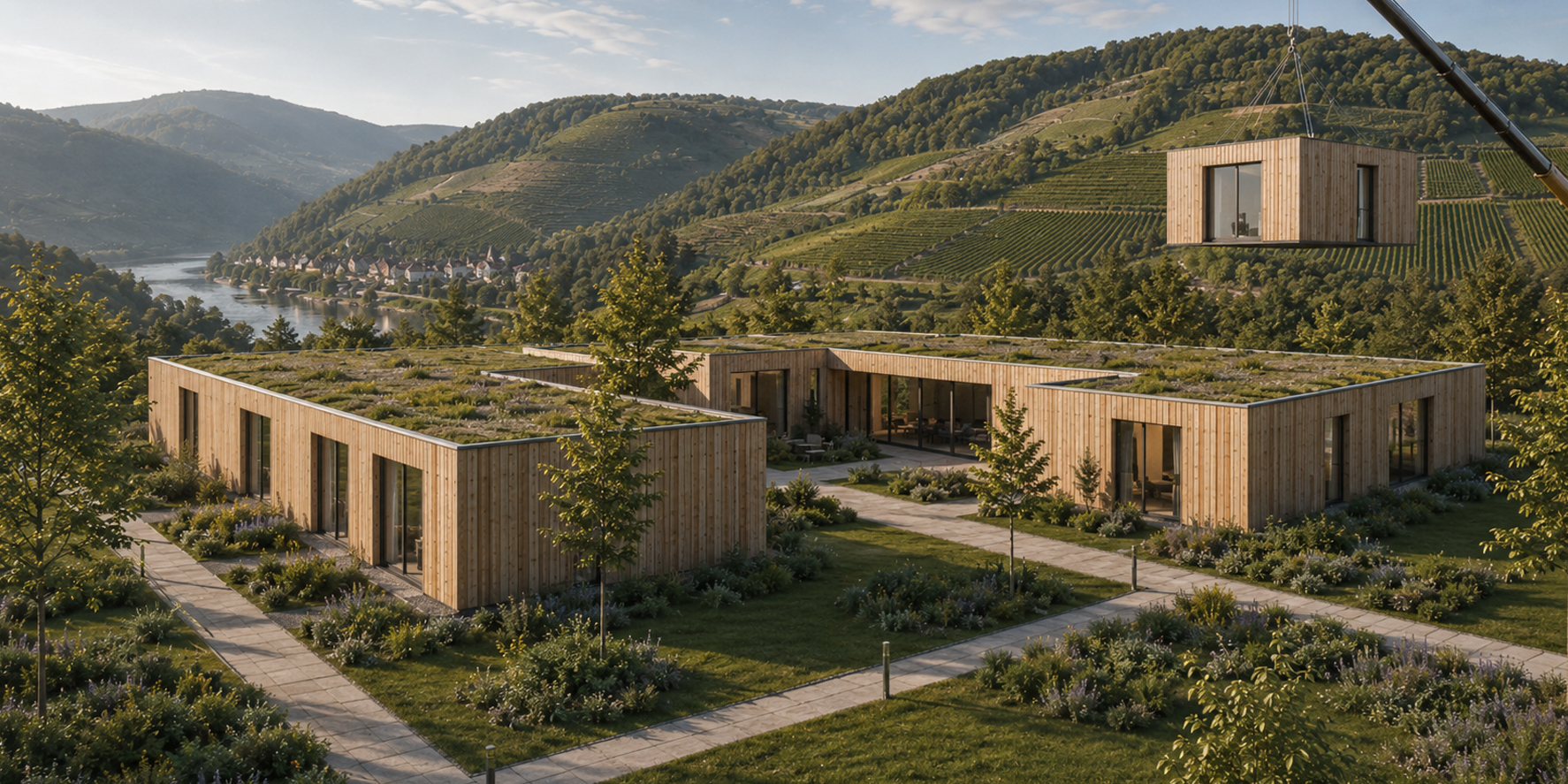 Eine Visualisierung von einem modularen Gebäudekomplex.
